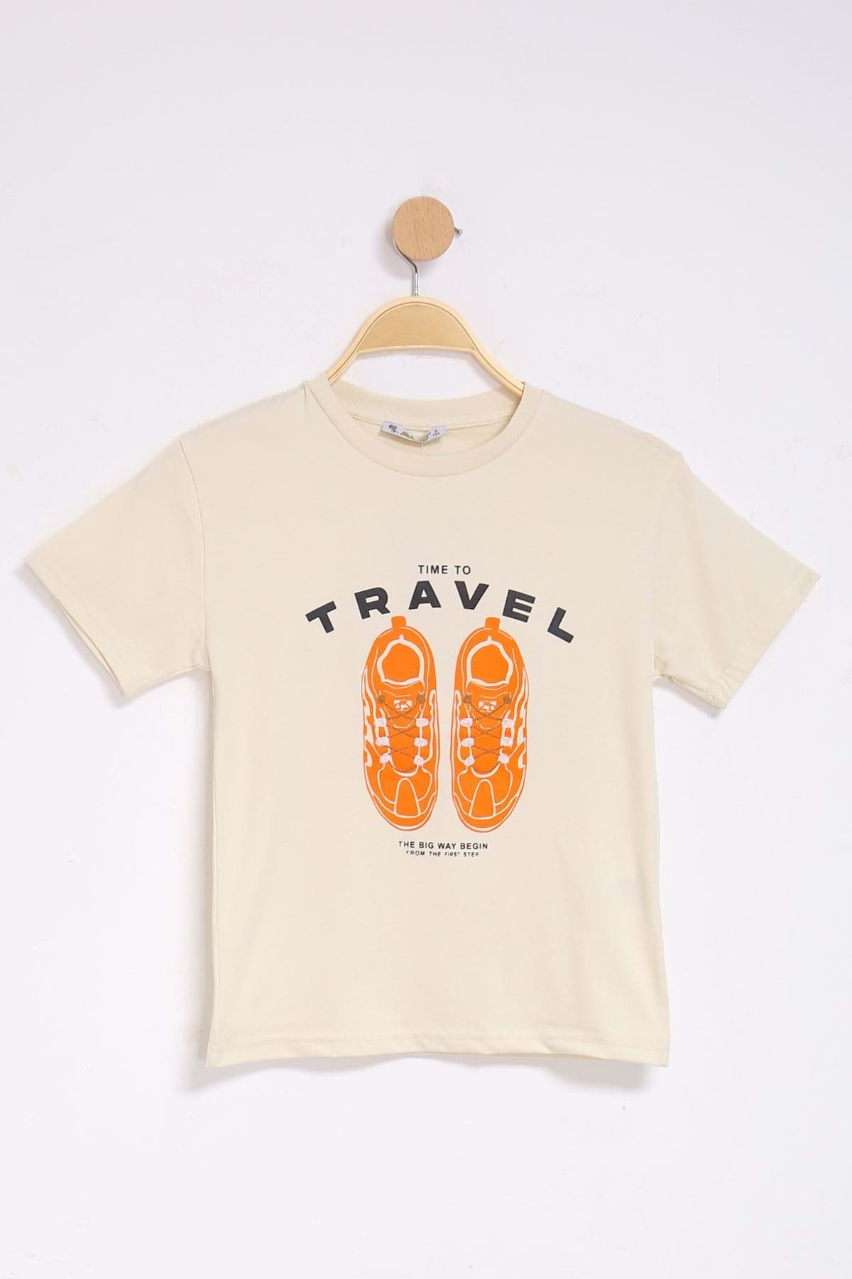 8-12 Yaş Baskılı Çocuk Tişört Bej - 324583.1576. resmi