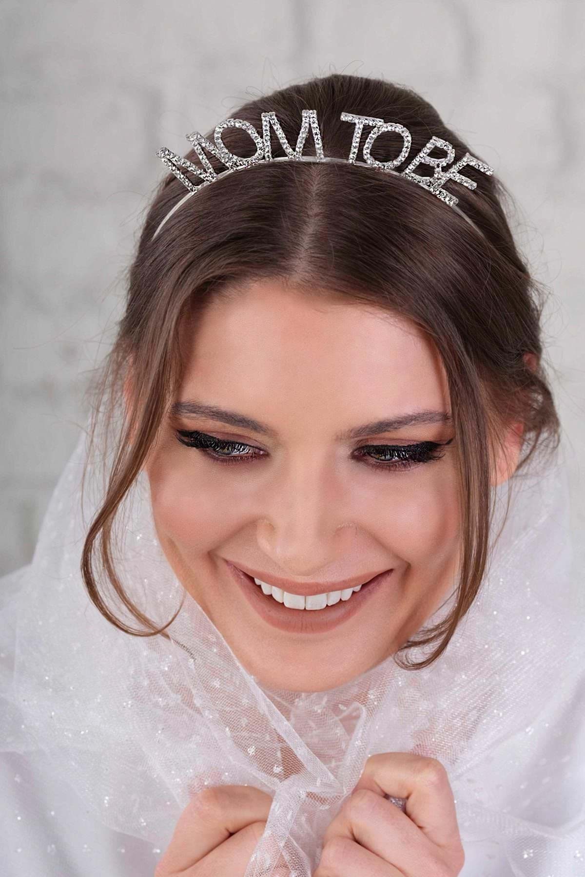 Kristal Taşlı Gümüş Renk Mom to Be Tacı Anne Tacı resmi