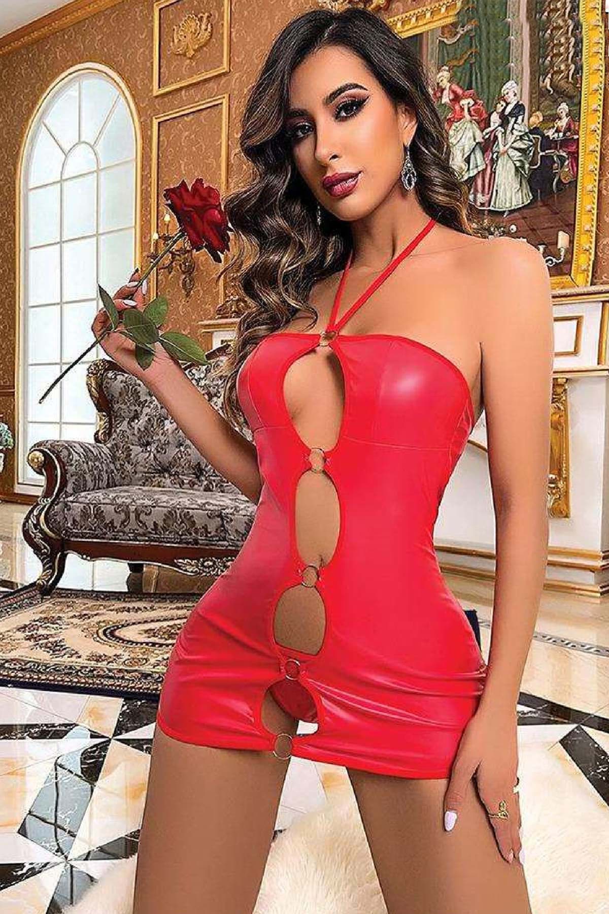 Kadın Fantezi Deri Kostüm Harness Erotik Kıyafet D21018 Kırmızı resmi