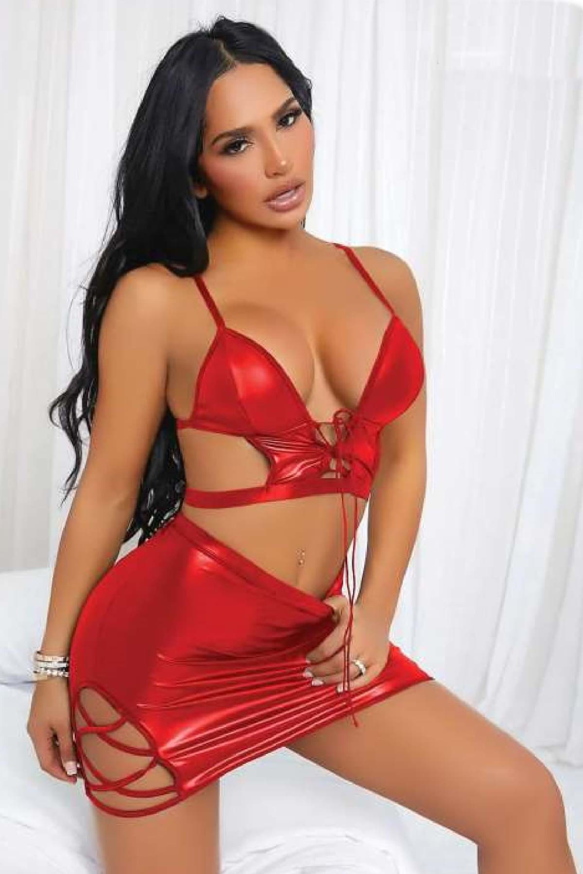 Kadın Fantezi Deri Kostüm Harness Erotik Kıyafet D21033 Kırmızı resmi