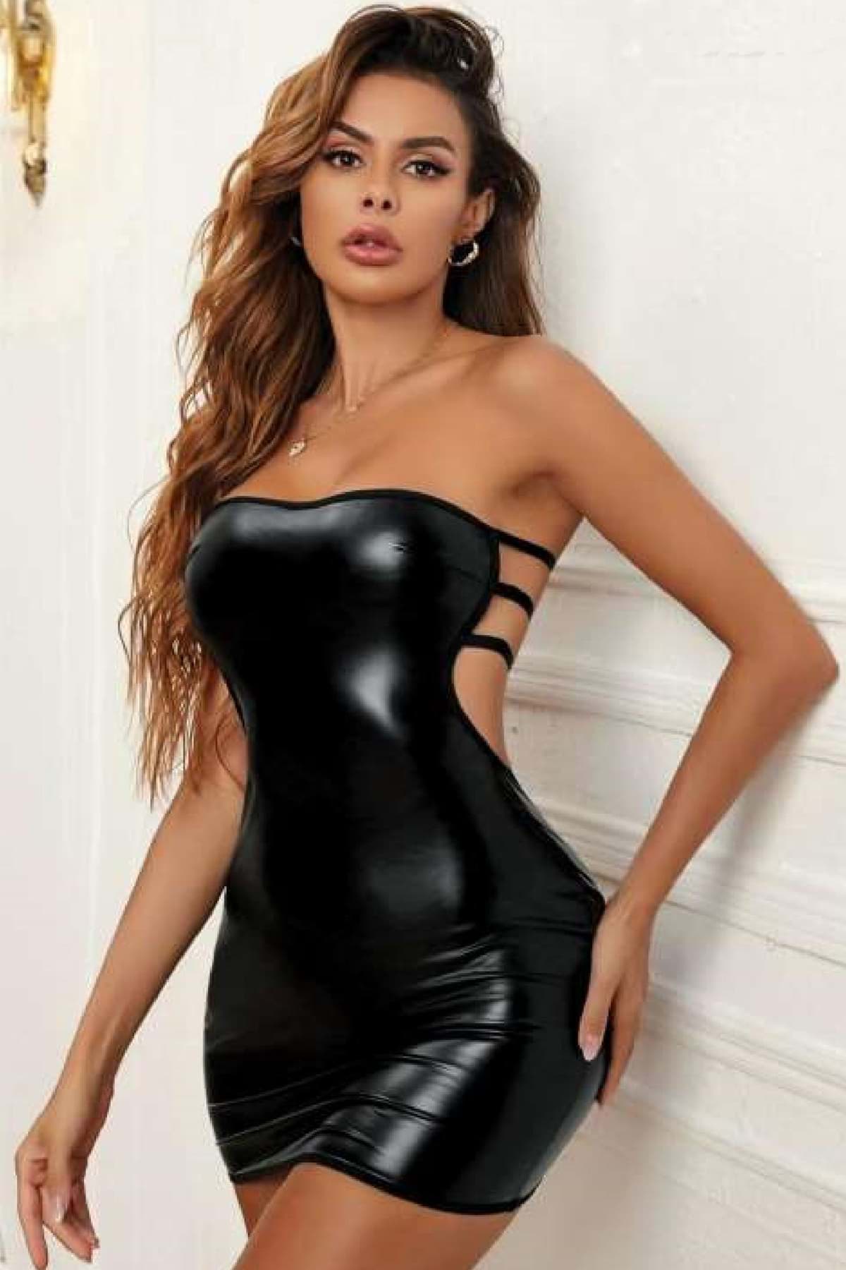 Kadın Fantezi Deri Kostüm Harness Erotik Kıyafet D21051 Siyah resmi