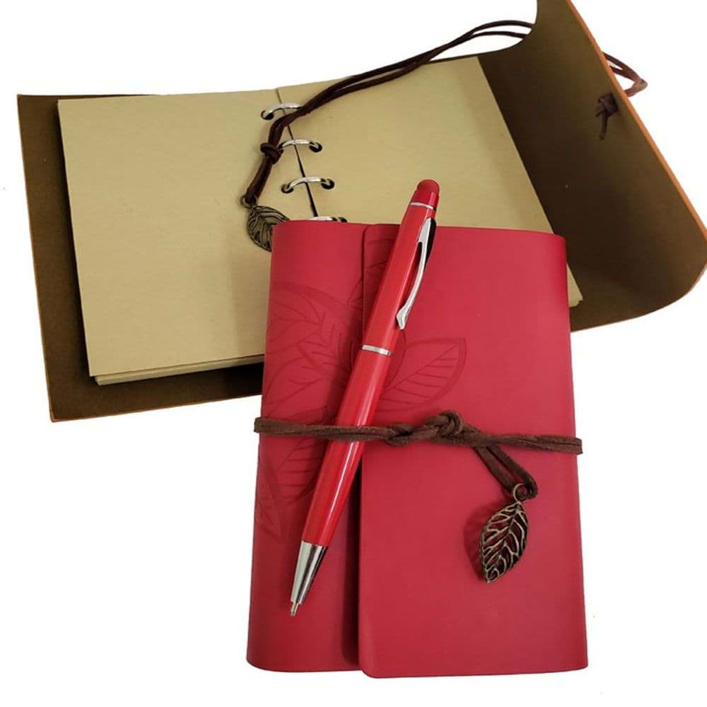 Özel Ahşap Kutulu Kırmızı Deri Defter ve Kalem Set resmi