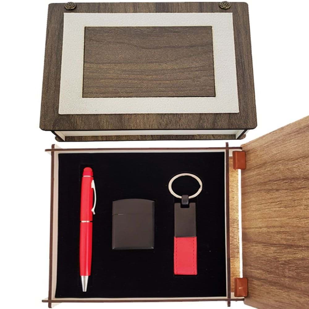 Özel Ahşap Kutulu Kırmızı Kalem Anahtarlık ve Çakmak Set resmi