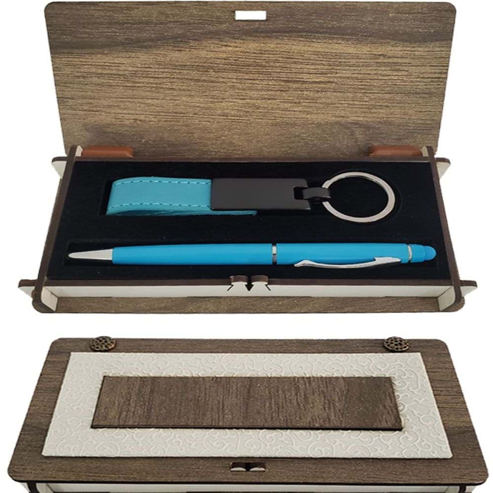 Mavi Kalem ve Anahtarlık Ahşap Kutulu Set resmi