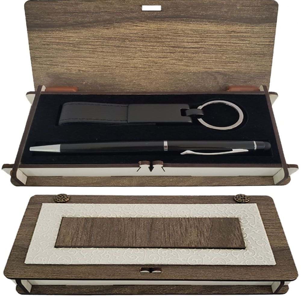 Ahşap Kutulu Siyah Kalem ve Anahtarlık Set resmi