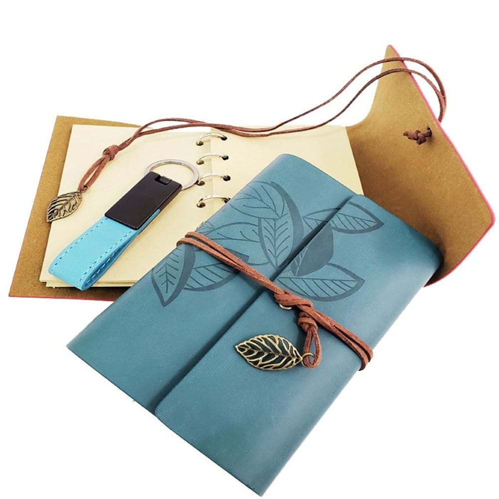 Ahşap Kutulu Mavi Deri Defter ve Anahtarlık Set resmi