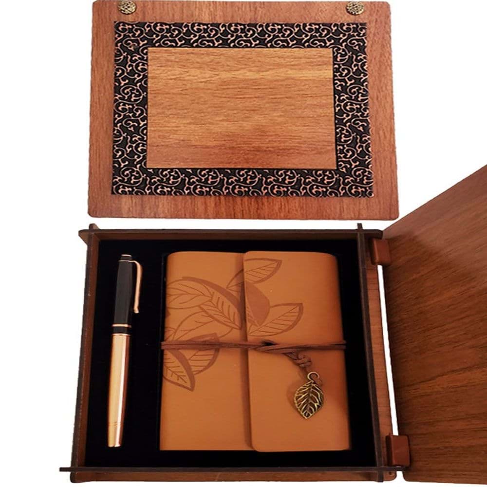 Ahşap Kutulu Taba Renk Deri Defter ve Kalem Set resmi