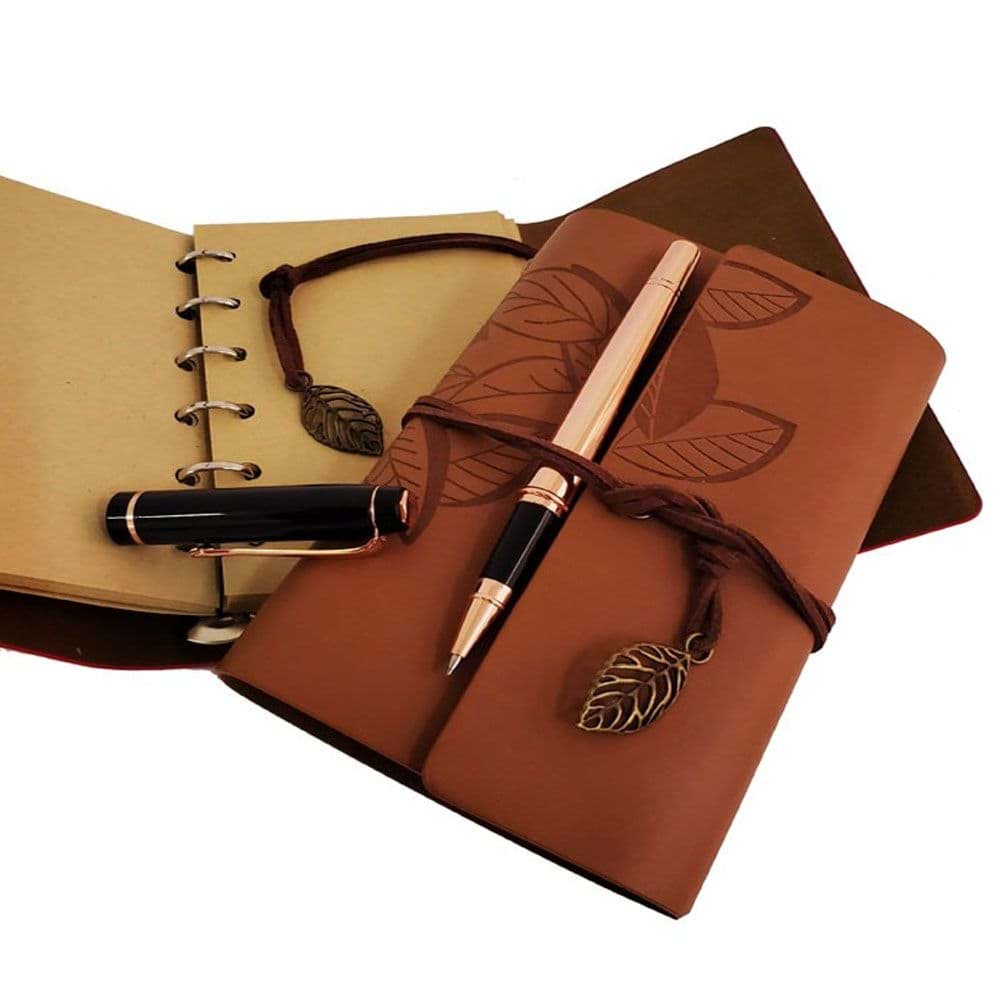 Ahşap Kutulu Taba Renk Deri Defter ve Kalem Set resmi