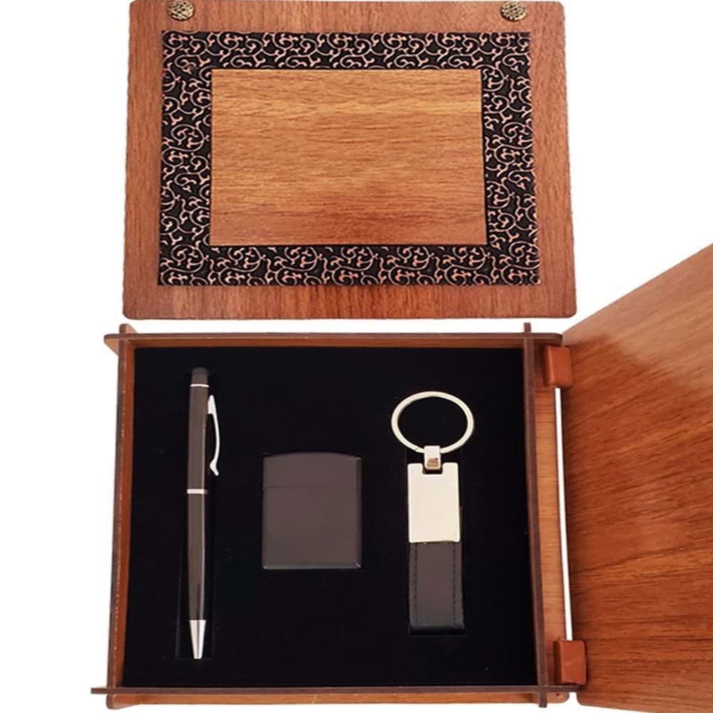 Ahşap Kutulu Siyah Kalem Anahtarlık ve Mat Çakmak resmi