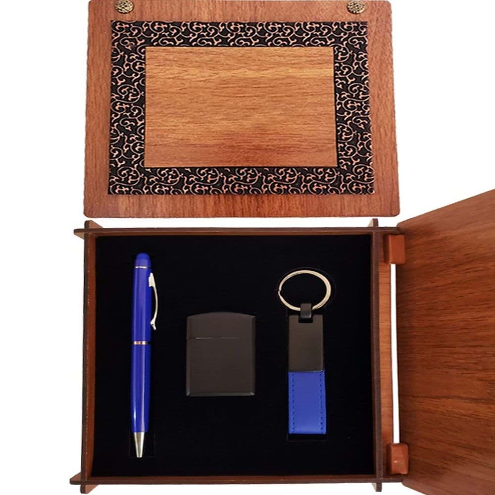 Ahşap Kutulu Mavi Kalem Anahtarlık ve Çakmak Set resmi