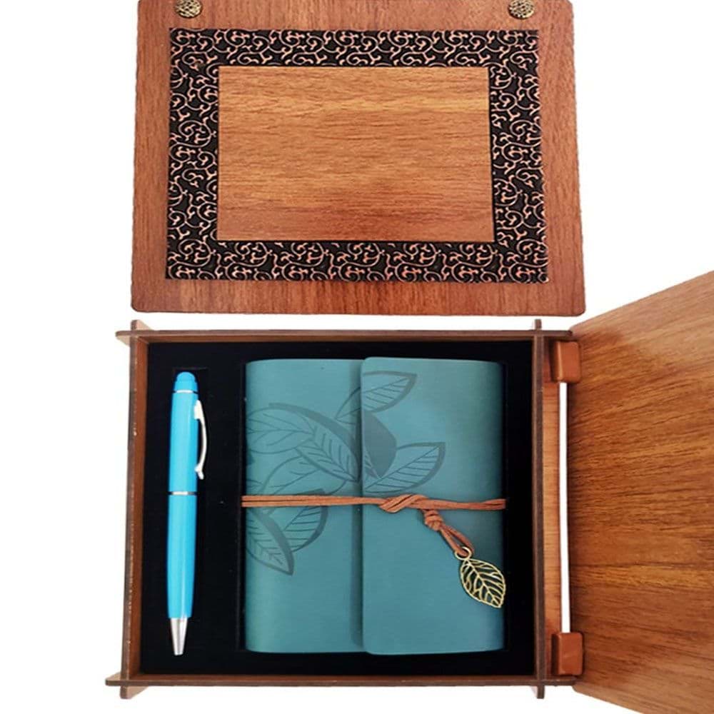 Ahşap Kutulu Mavi Deri Defter Kalem Seti resmi
