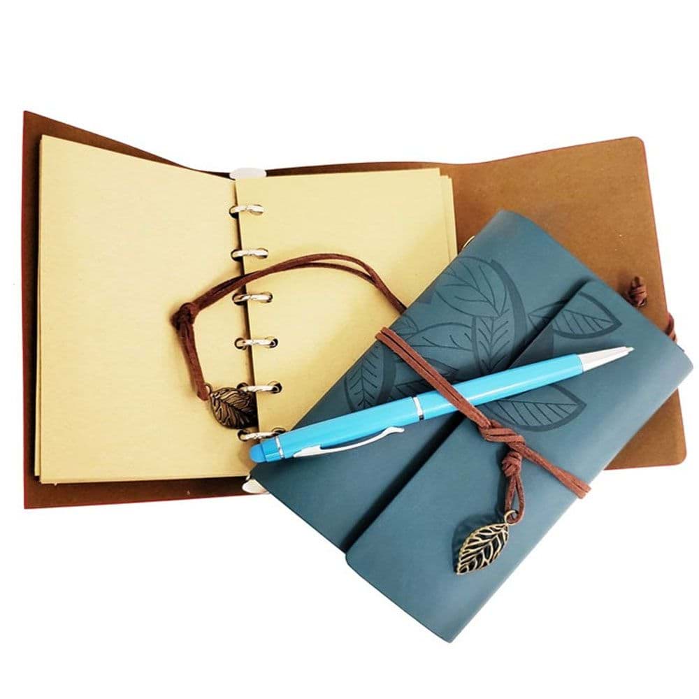 Ahşap Kutulu Mavi Deri Defter Kalem Seti resmi