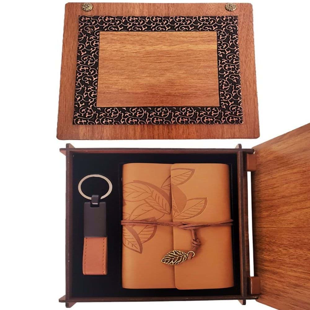 Ahşap Kutulu Taba Renk Deri Defter Anahtarlık Set resmi