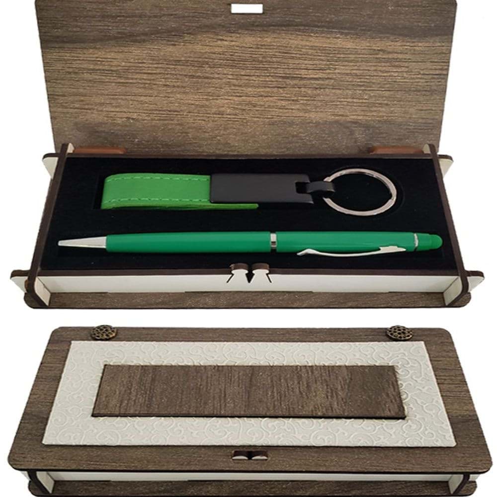 Ahşap Kutulu Yeşil Anahtarlık ve Kalem Set resmi