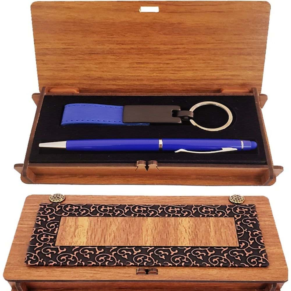 Ahşap Kutulu Koyu Mavi Kalem ve Anahtarlık Set resmi