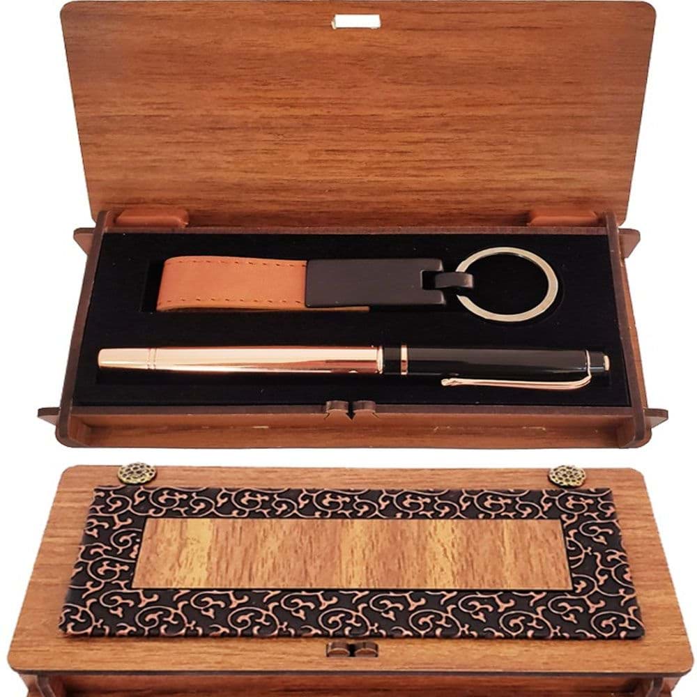 Ahşap Kutulu Bakır Roller Kalem ve Taba Anahtarlık Set resmi