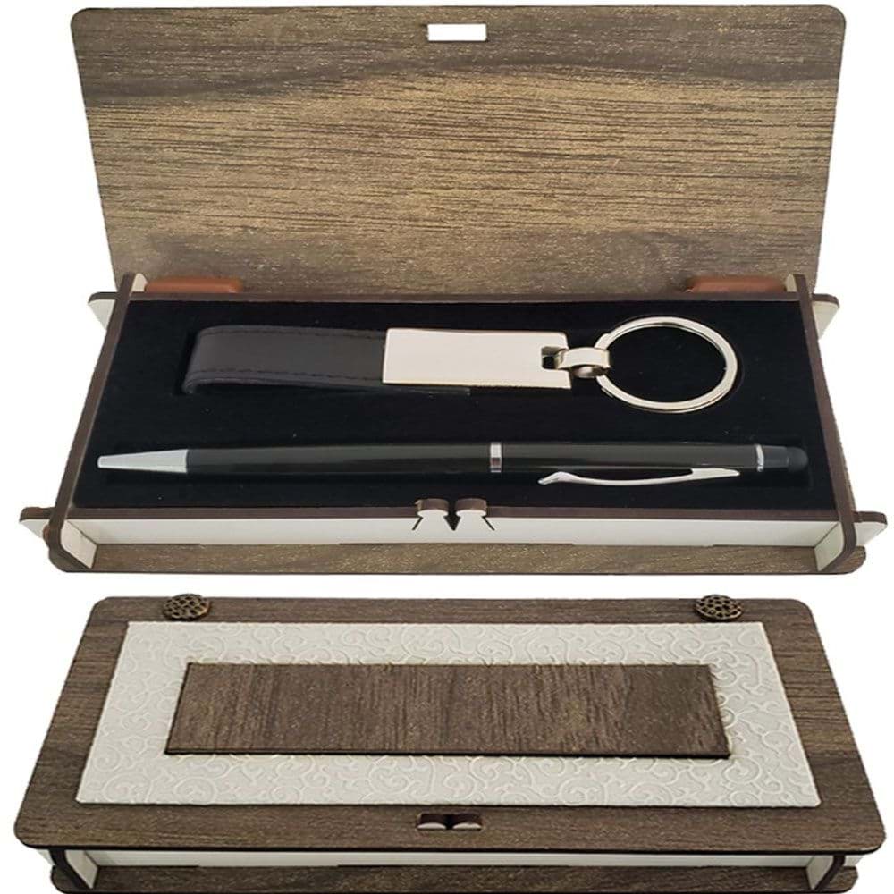 Ahşap Kutulu Siyah Anahtarlık ve Kalem Set resmi