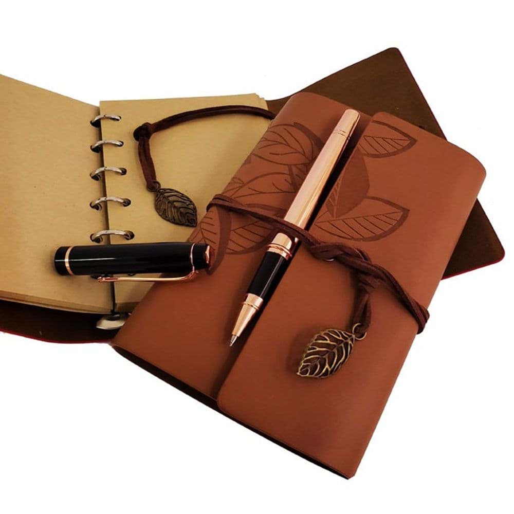Özel Ahşap Kutulu Taba Deri Defter ve Bakır Roller Kalem Set resmi