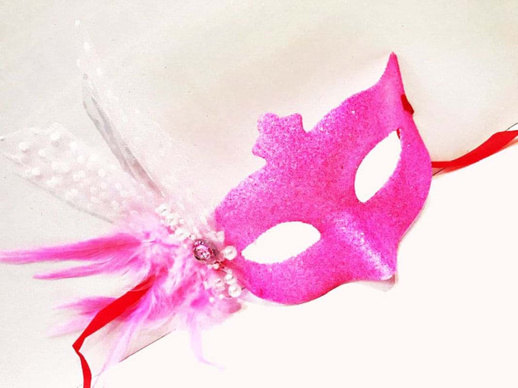 Picture of Sim embroidered pearl bead detailed hairy ball mask pink color 13x18 cm