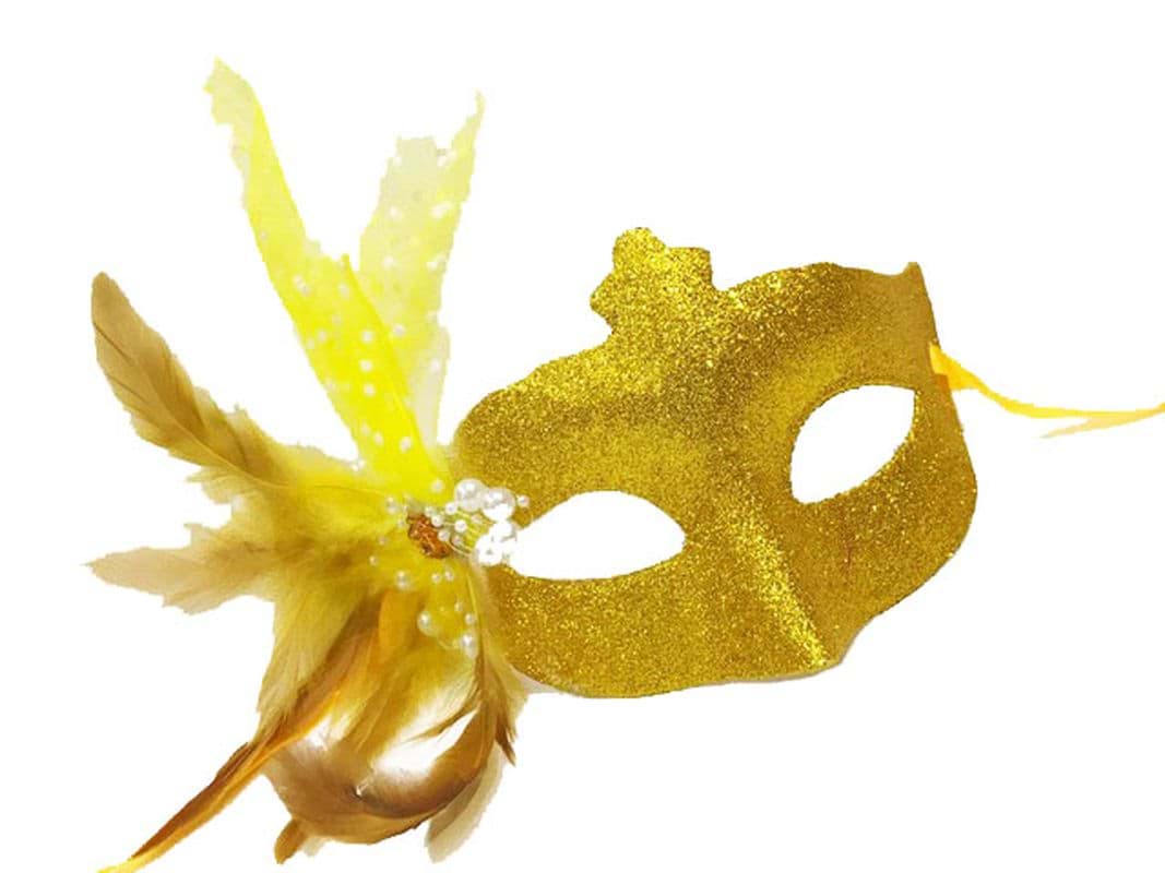 Picture of Sim embroidered pearl bead detailed hairy ball mask gold color 13x18 cm