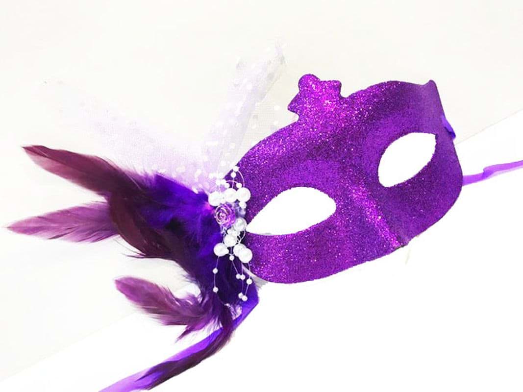 Picture of Sim embroidered pearl bead detailed hairy ball mask purple color 13x18 cm