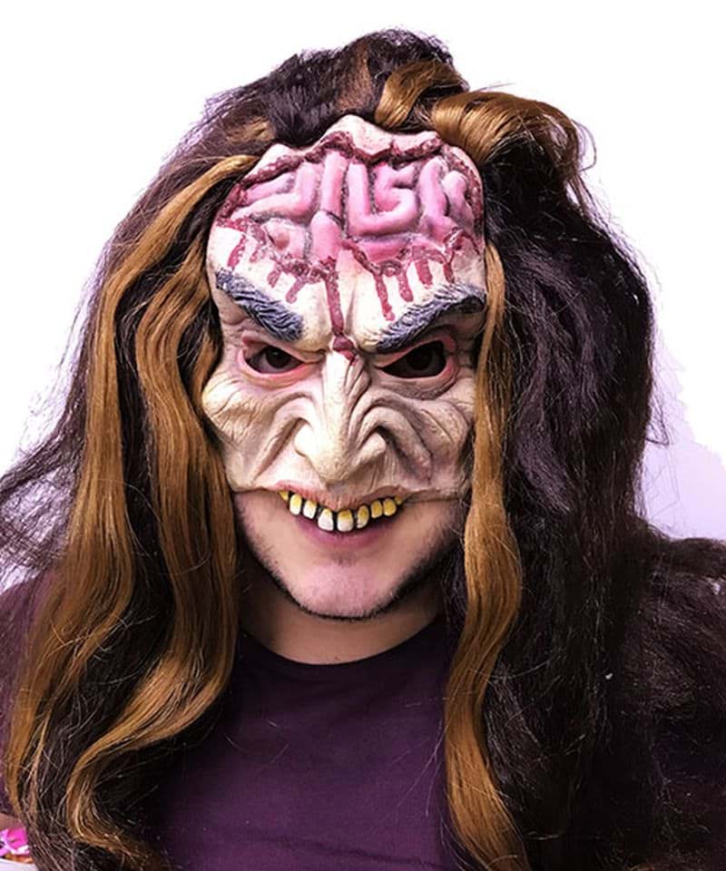 Uzun Saçlı Yarım Surat Beyin Figürlü Lateks Et Maske resmi