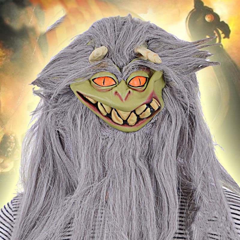 Uzun Kırçıllı Gri Sakallı Turuncu Gözlü Boynuzlu Lateks Canavar Maskesi resmi