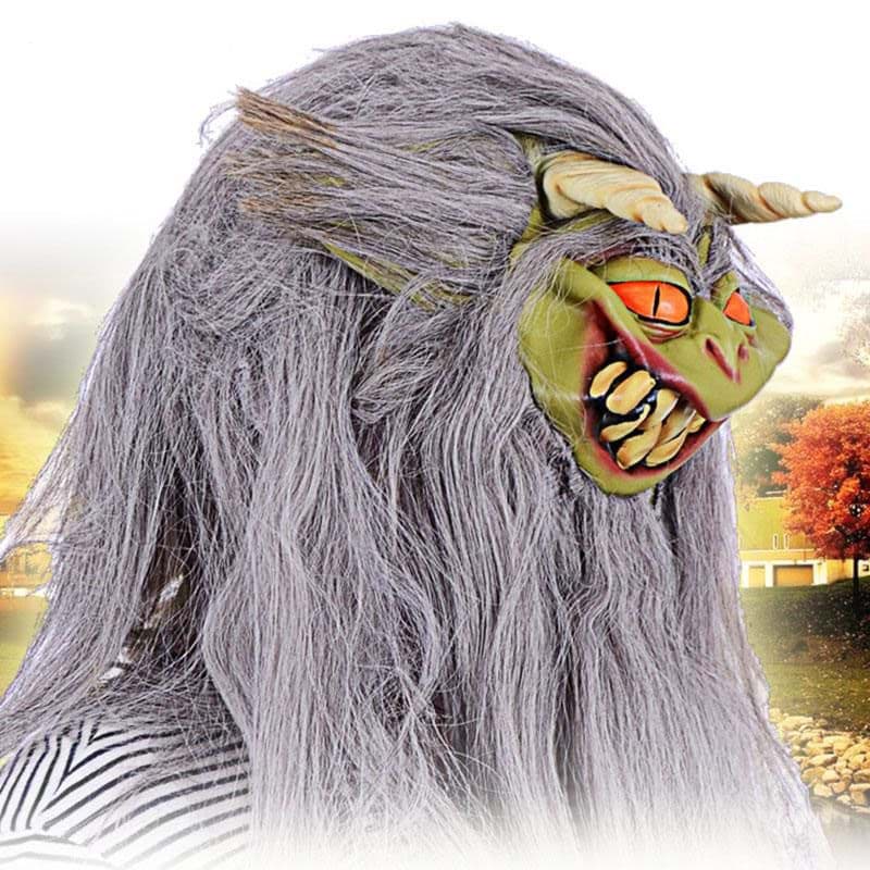 Uzun Kırçıllı Gri Sakallı Turuncu Gözlü Boynuzlu Lateks Canavar Maskesi resmi