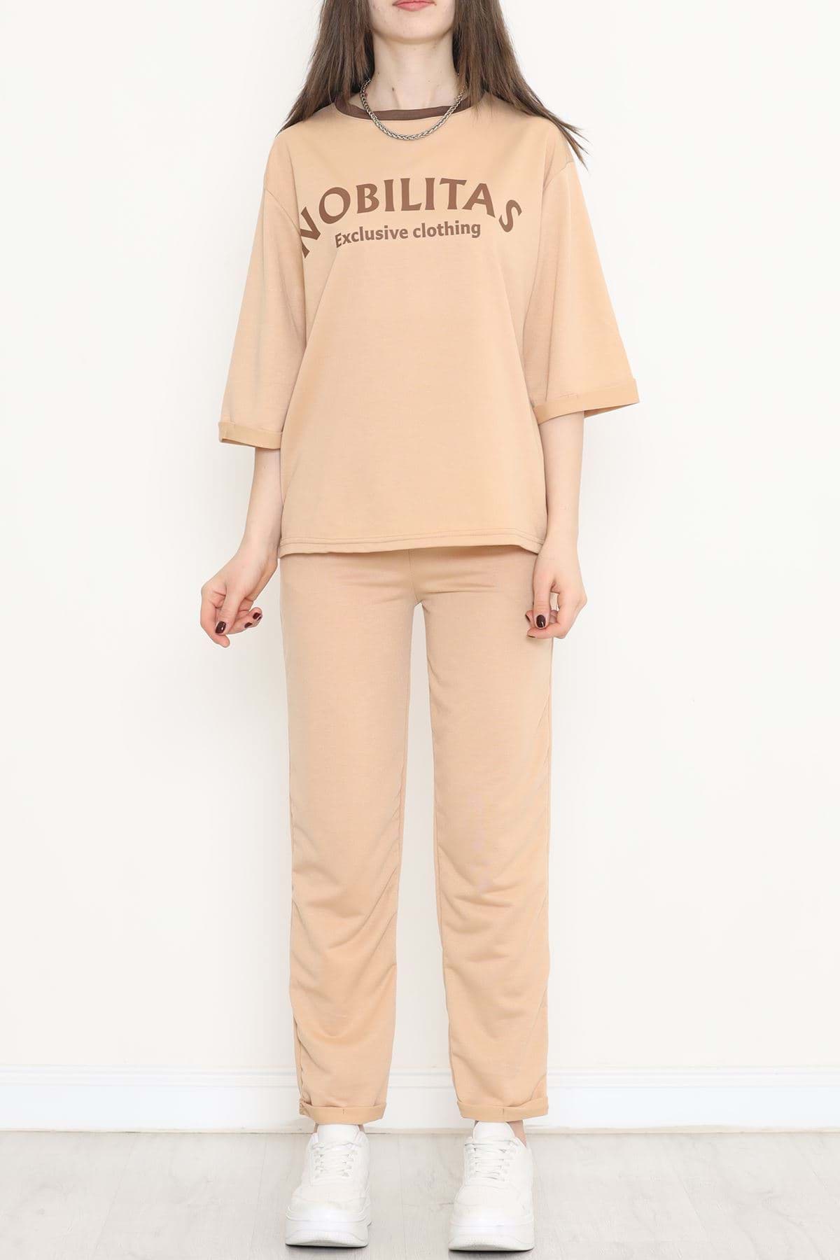 Paça Katlı Eşofman Takımı Bej - 12635.5238. resmi