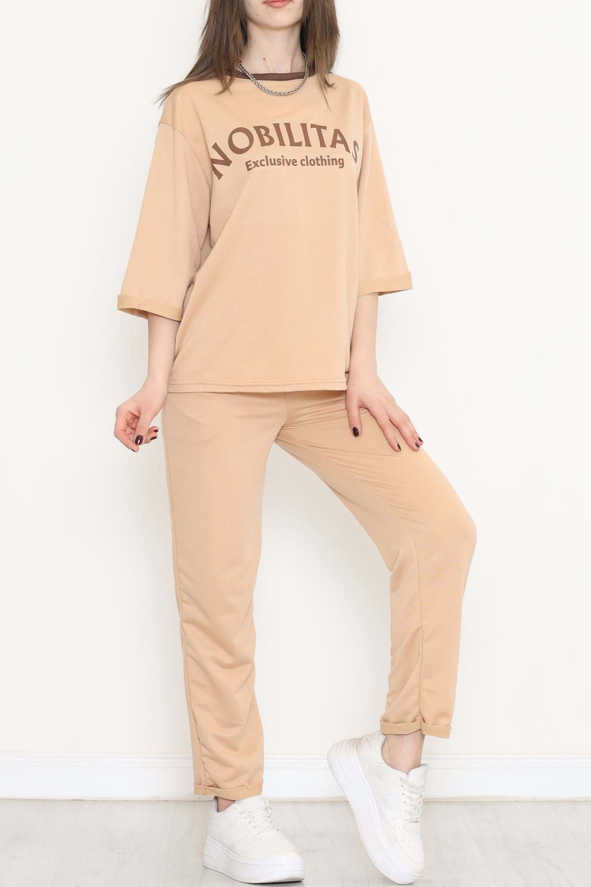 Paça Katlı Eşofman Takımı Bej - 12635.5238. resmi