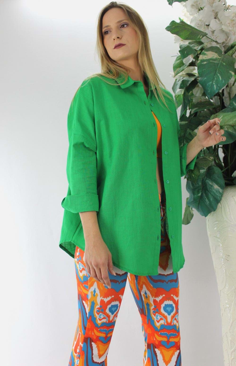 Oversize Keten Gömlek Yeşil - 2022.90 resmi