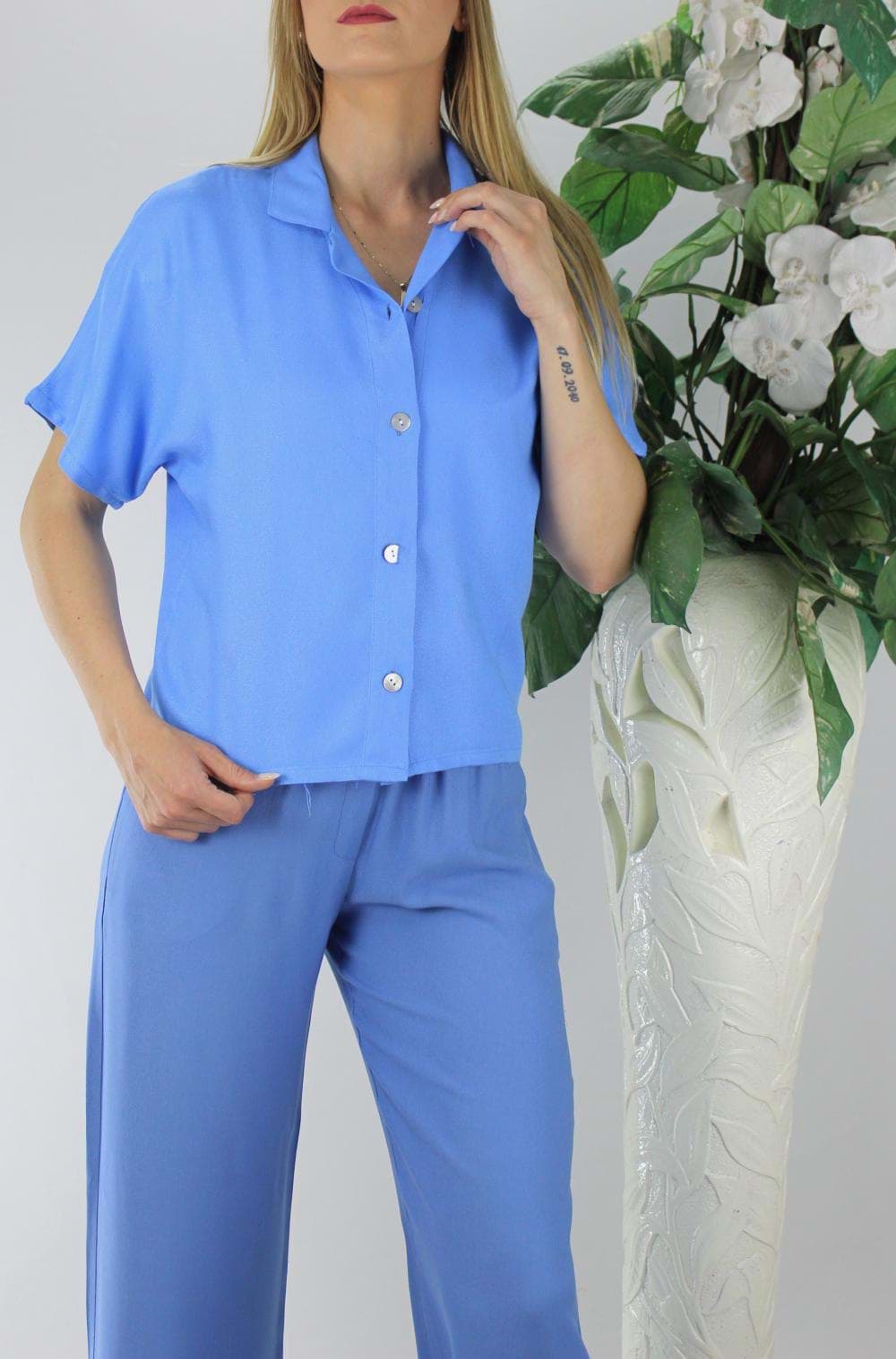 Sedef Düğmeli Krep Gömlek Mavi - 1288.65 resmi