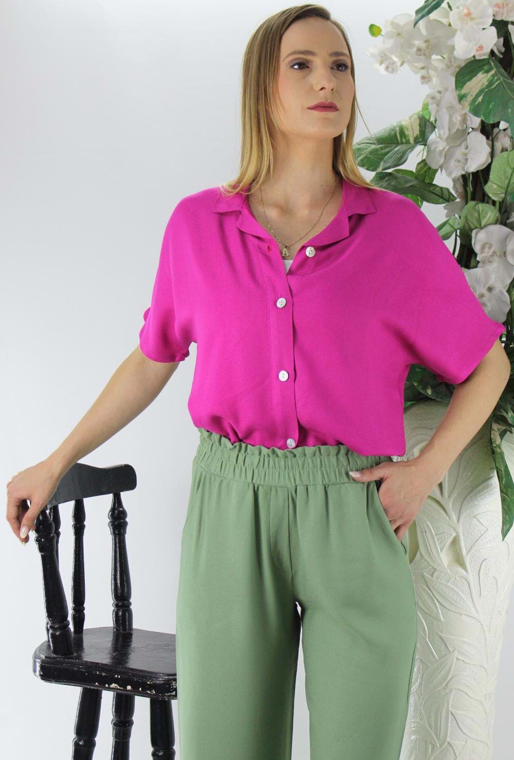 Sedef Düğmeli Krep Gömlek Fuşya - 1288.65 resmi