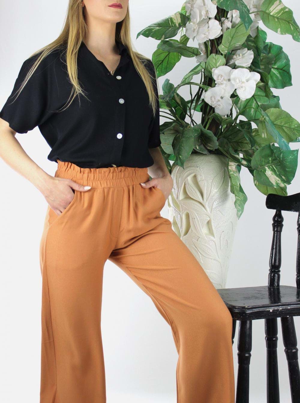 Sedef Düğmeli Krep Gömlek Siyah - 1288.65 resmi