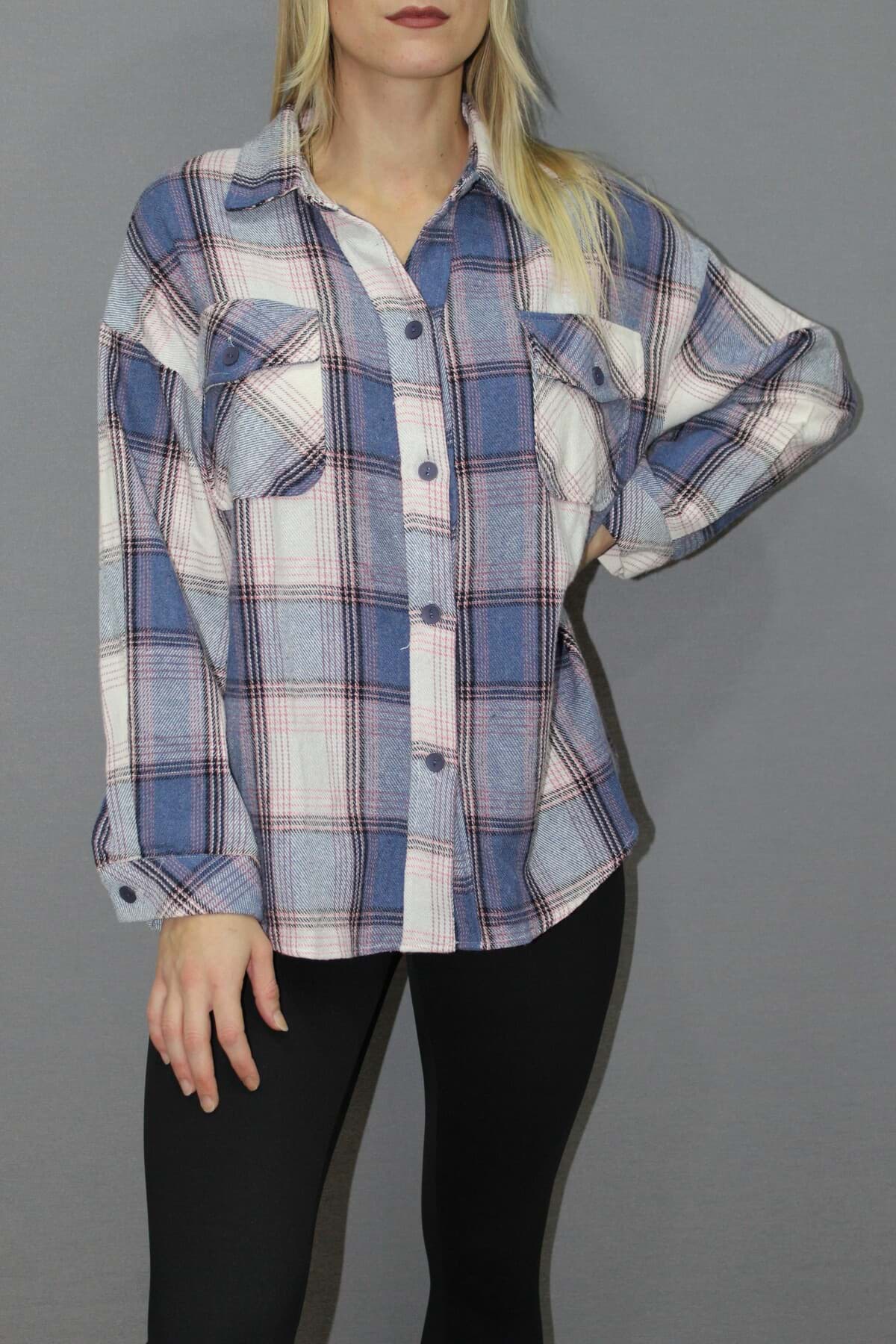 Oversize Ekose Gömlek Mavi - 4686.140 resmi