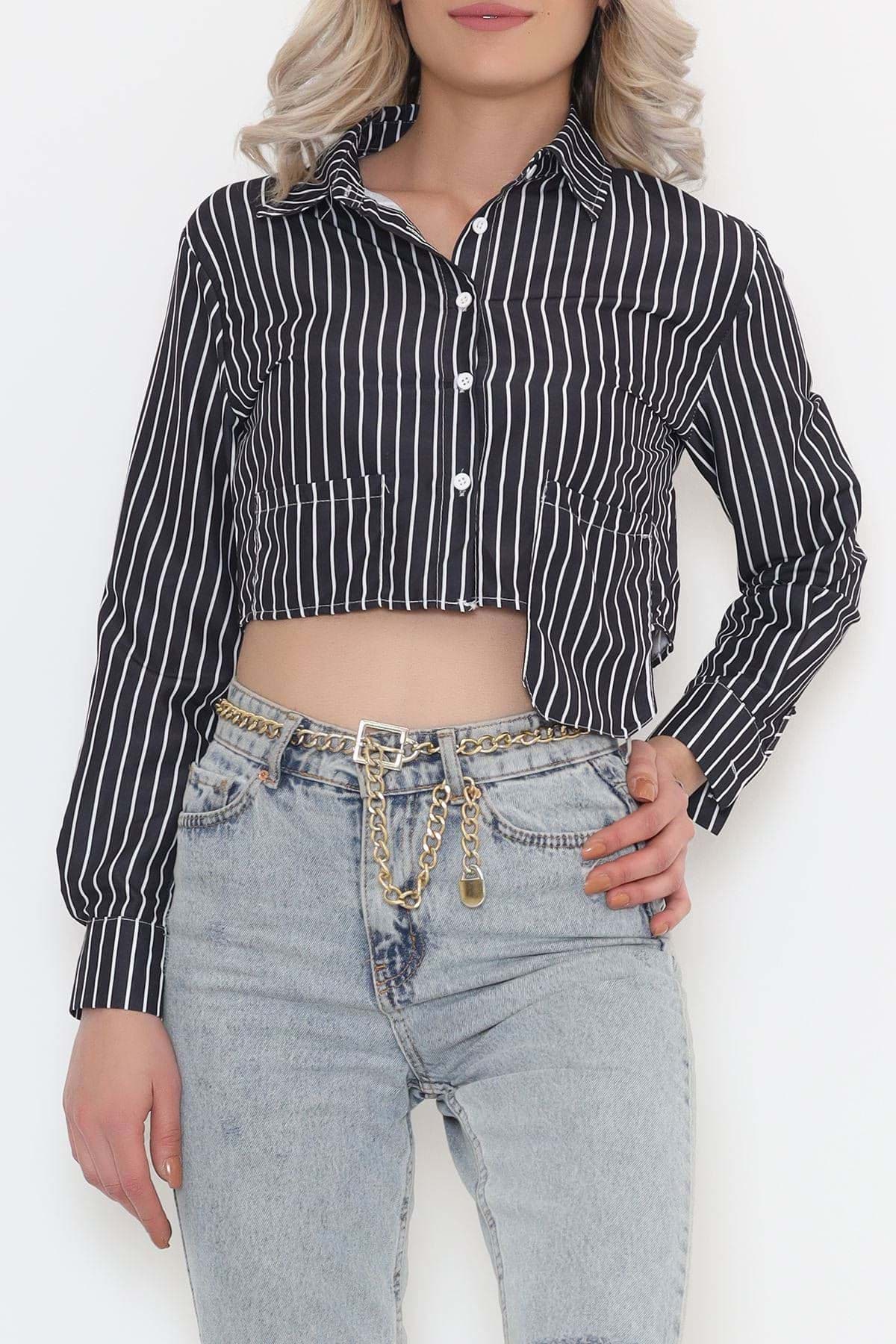 Çizgili Crop Gömlek Siyahbeyaz - 634.1247. resmi