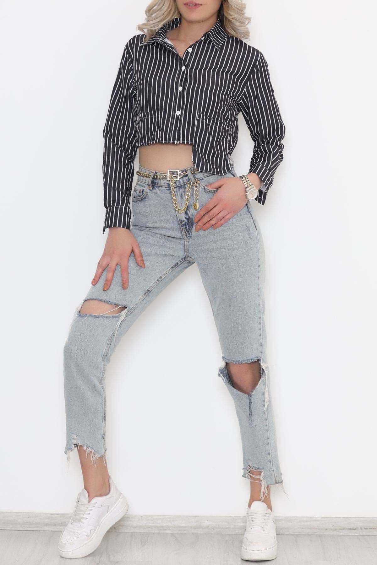 Çizgili Crop Gömlek Siyahbeyaz - 634.1247. resmi