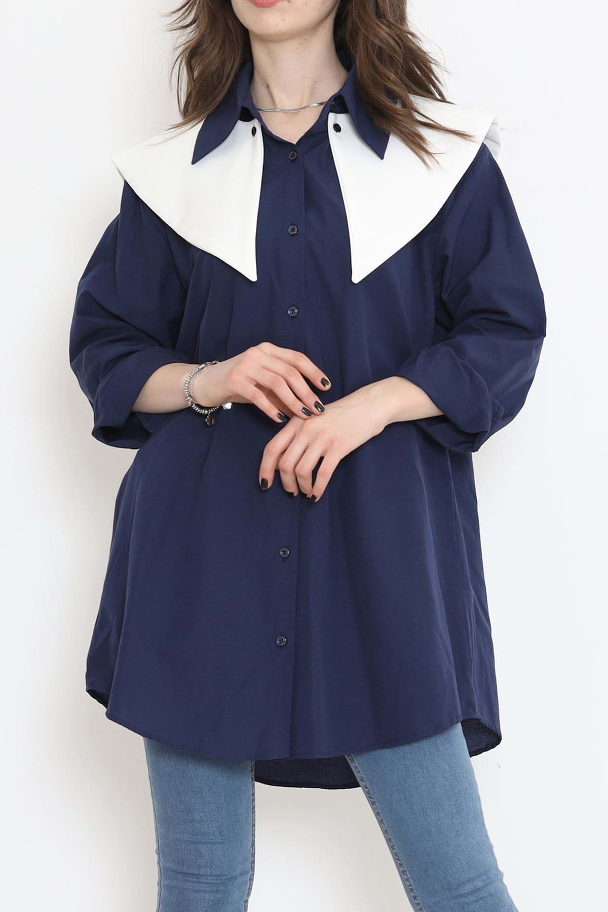 Geniş Yaka Poplin Gömlek Lacivert - 16718.255. resmi