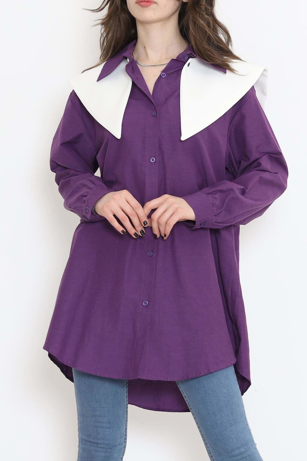 Geniş Yaka Poplin Gömlek Mor - 16718.255. resmi