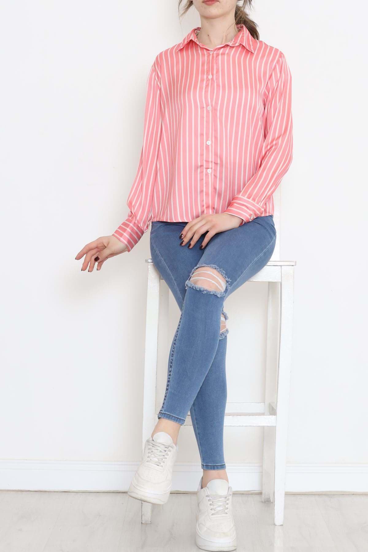 Çizgili Saten Gömlek Pembe - 909.1247. resmi