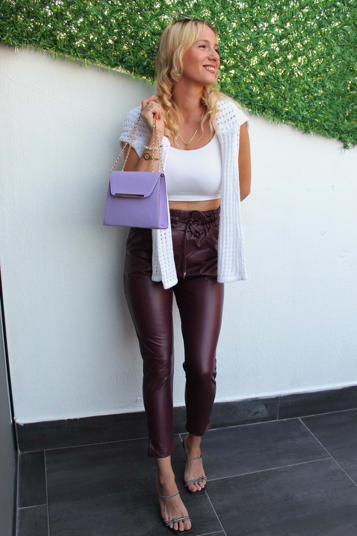 Şardonlu Deri Jager Pantolon Bordo - 1355.200 resmi