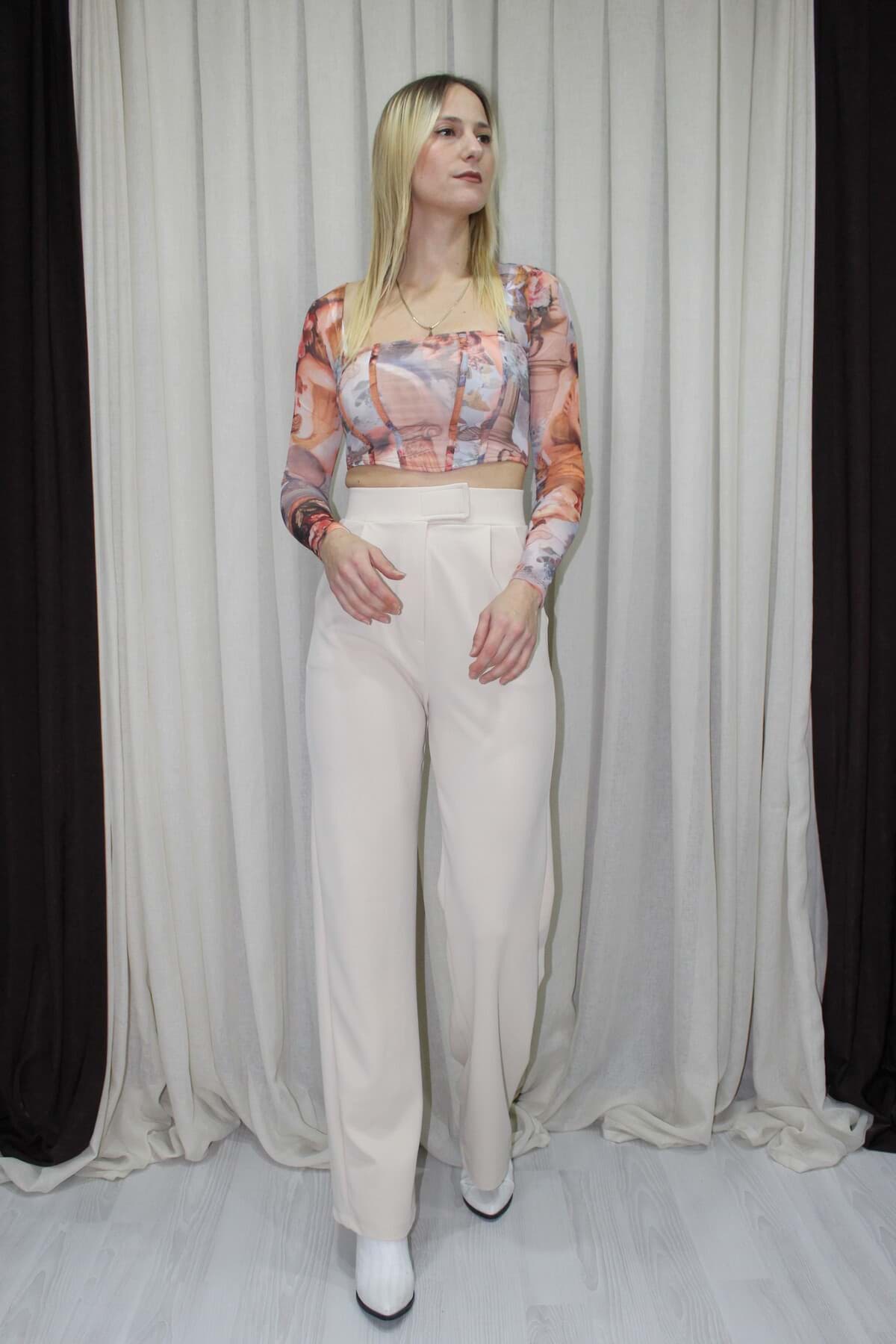 Krep Cırtlı Palazzo Pantolon Bej - 211.491 resmi