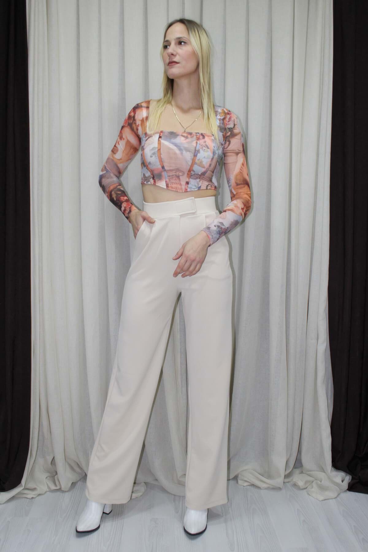 Krep Cırtlı Palazzo Pantolon Bej - 211.491 resmi