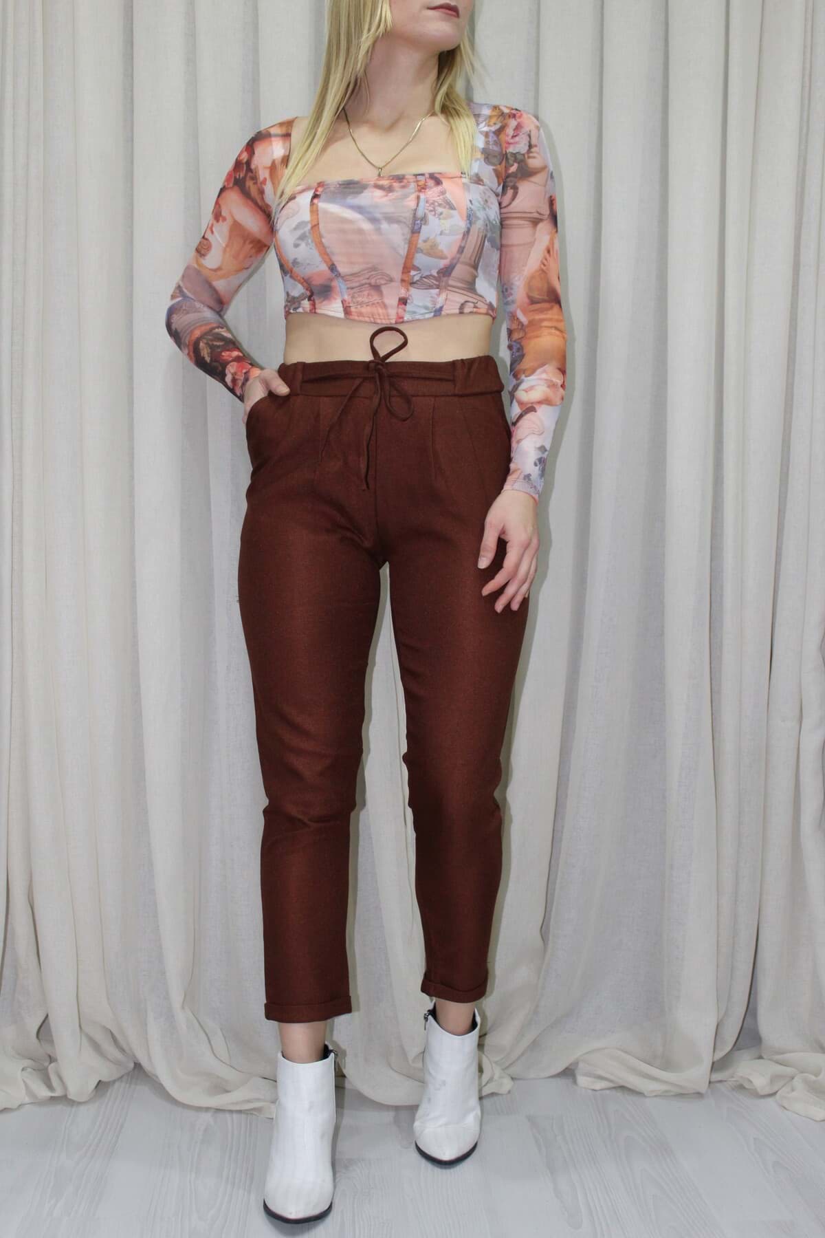 Duble Paça Yün Efekt Pantolon Taba - 1362 resmi