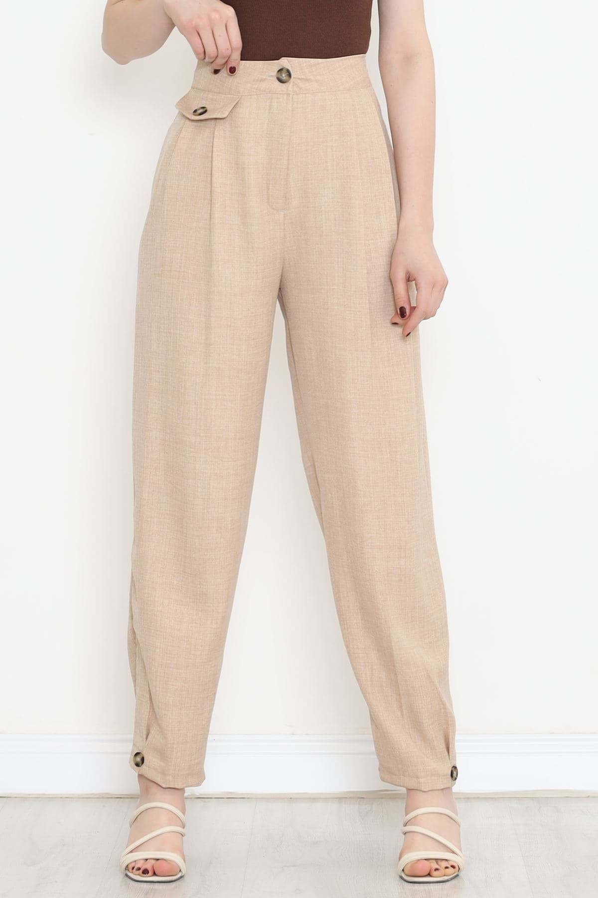 Paça Detaylı Keten Pantolon Taş - 15268.1726. resmi