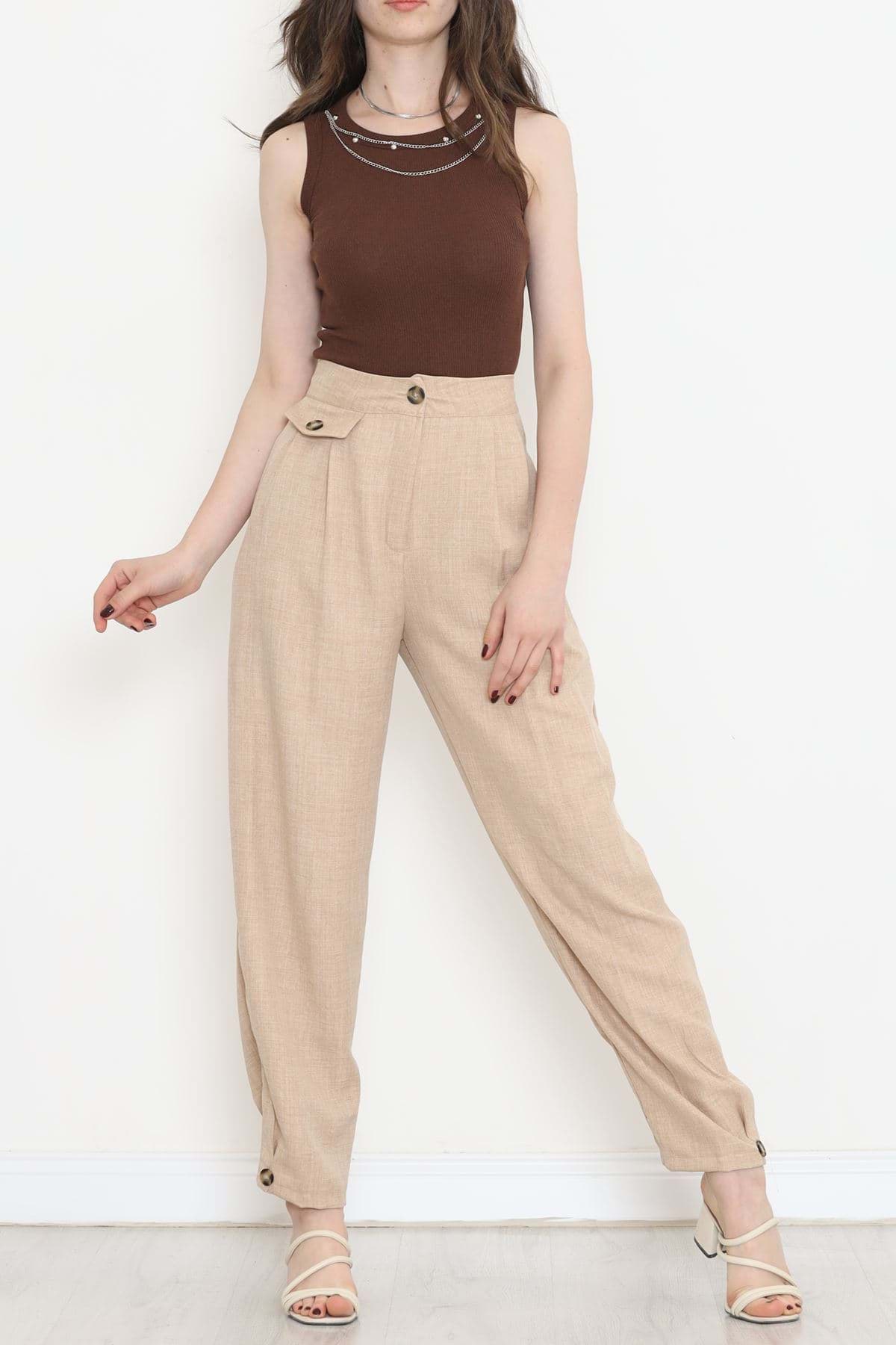 Paça Detaylı Keten Pantolon Taş - 15268.1726. resmi