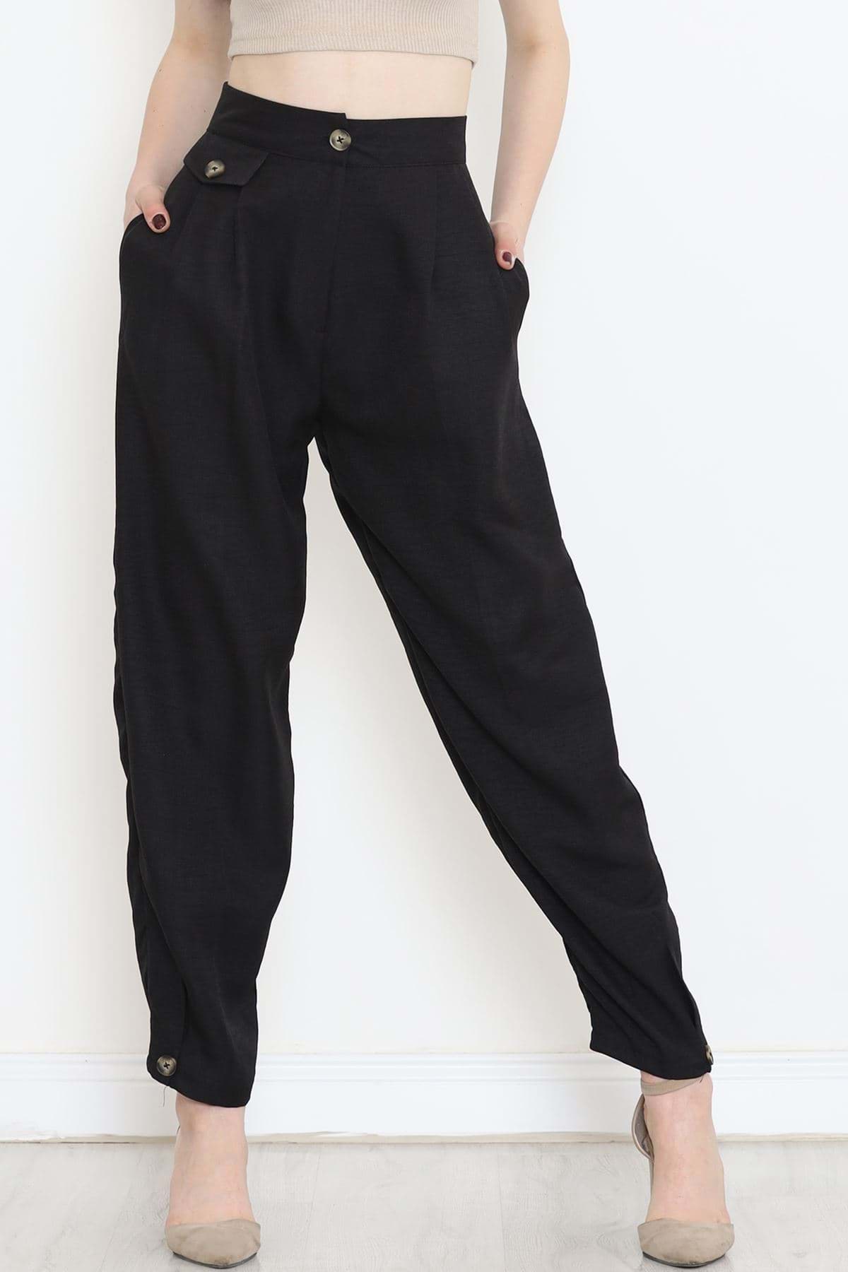 Paça Detaylı Keten Pantolon Siyah - 15268.1726. resmi