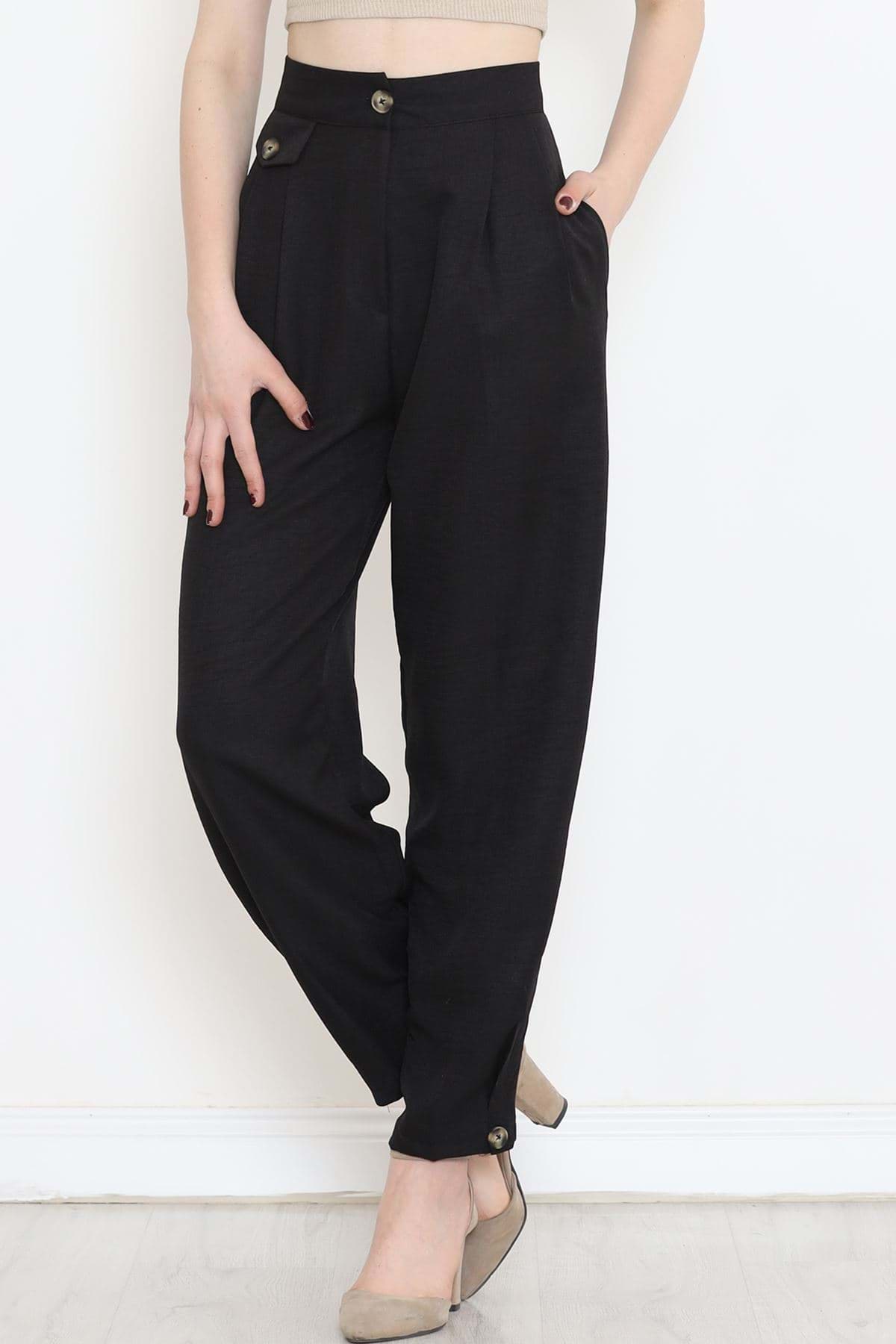 Paça Detaylı Keten Pantolon Siyah - 15268.1726. resmi
