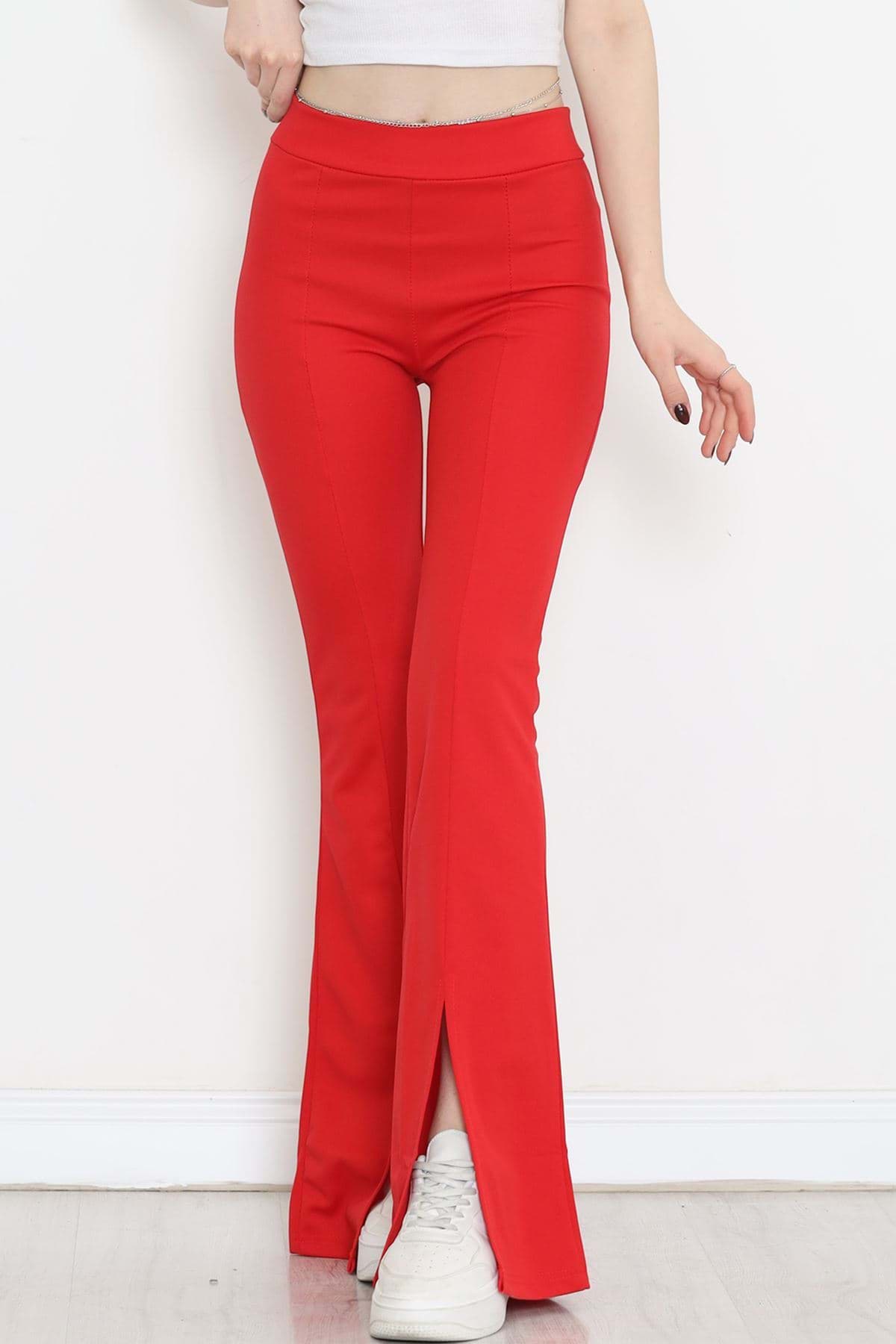 Yırtmaçlı İspanyol Paça Pantolon Kırmızı - 16702.1355. resmi