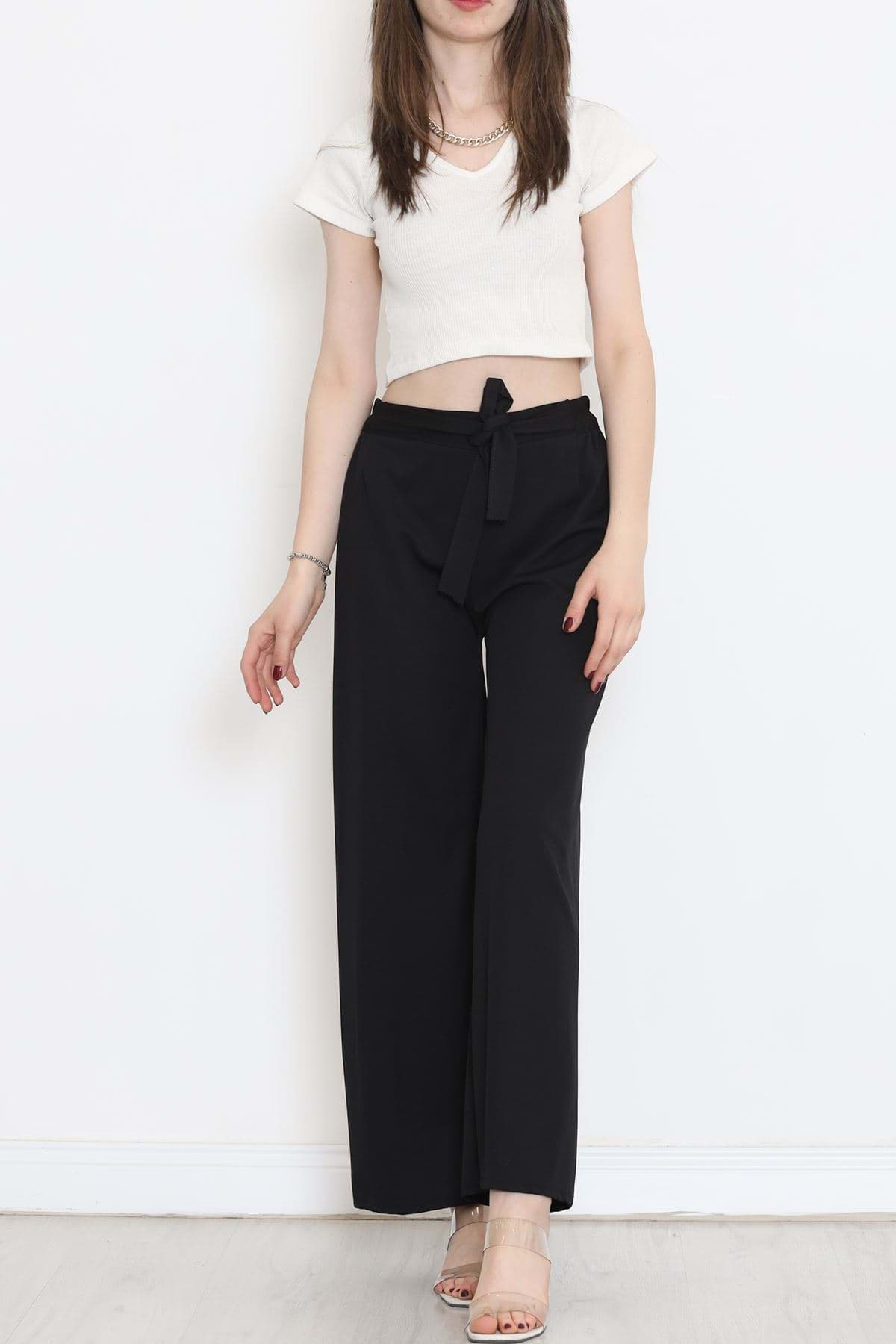 Krep Kemerli Bol Paça Pantolon Siyah - 152427.1778. resmi